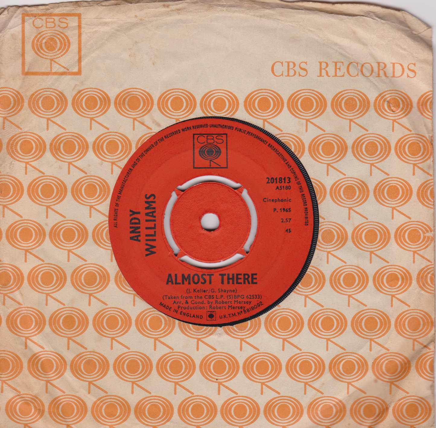 Andy Williams – Almost There (CBS, 1965) 7" vinyl single VG/VG