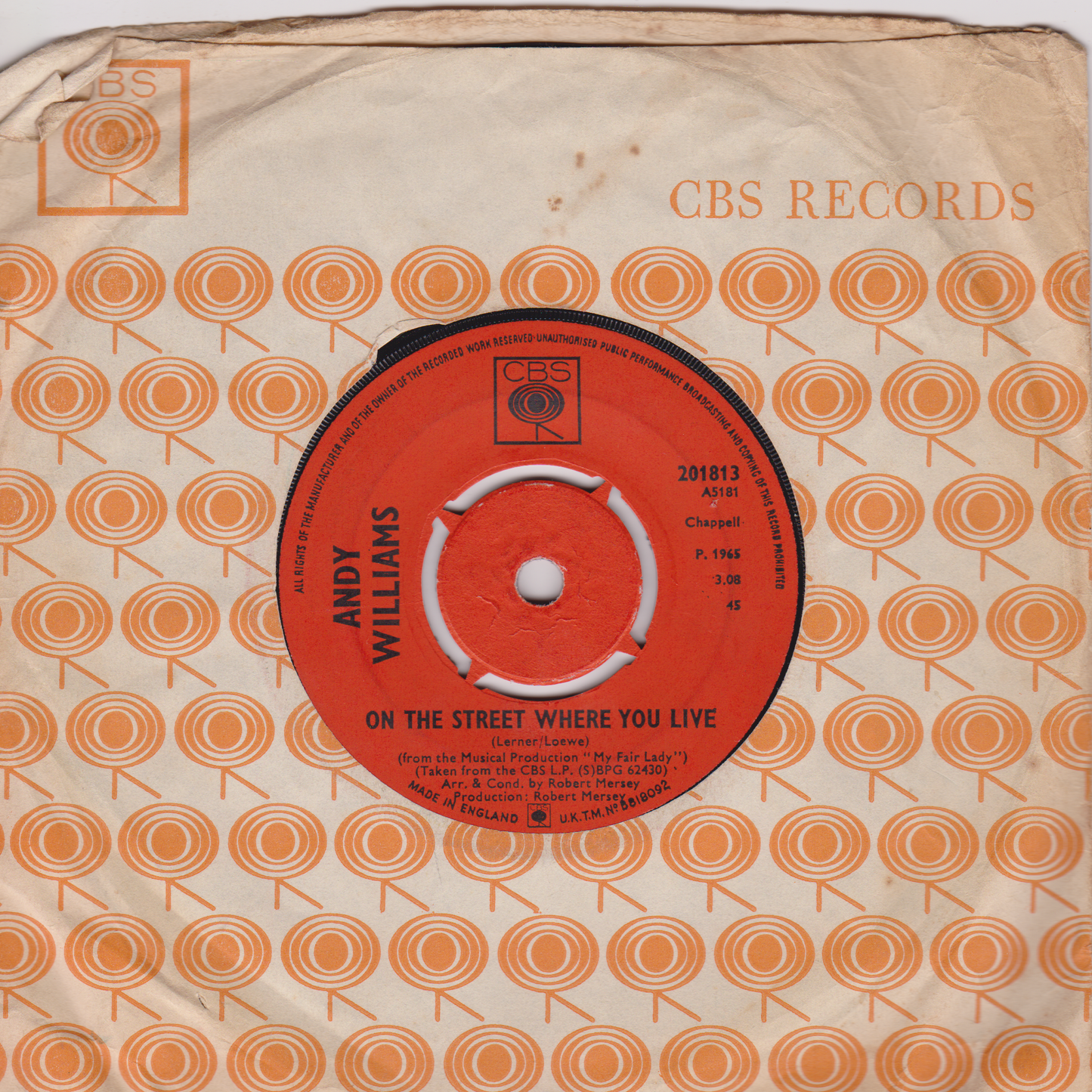Andy Williams – Almost There (CBS, 1965) 7" vinyl single VG/VG