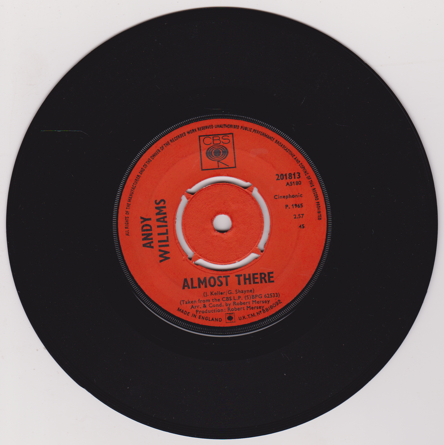 Andy Williams – Almost There (CBS, 1965) 7" vinyl single VG/VG