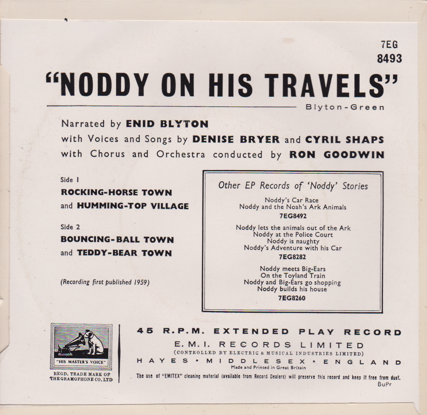 Enid Blyton ‎– Noddy On His Travels (HMV 1959) 7" vinyl P/S EP VG/VG