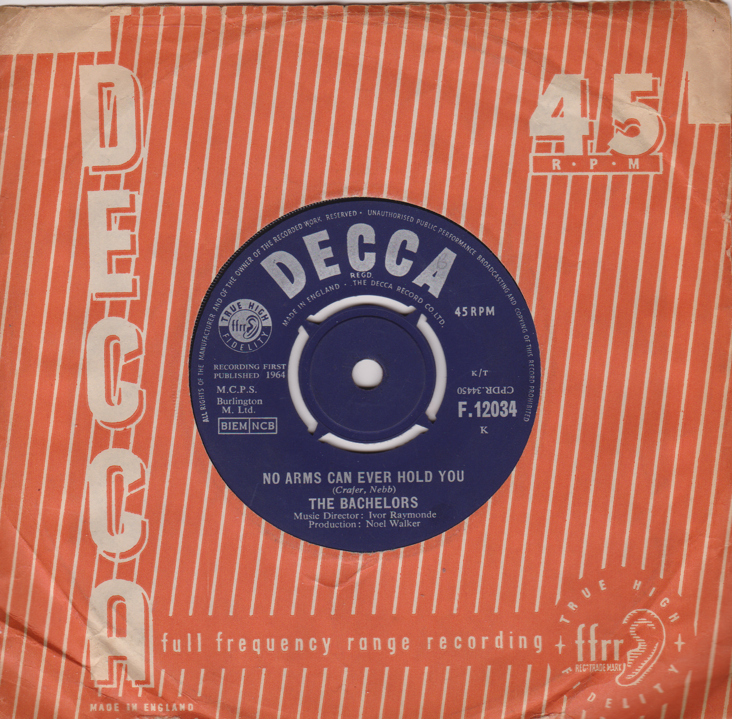 The Bachelors – No Arms Can Ever Hold You (Decca, 1964) 7" vinyl single VG/VG