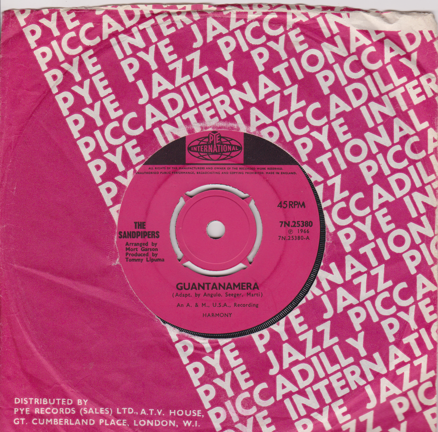 The Sandpipers - Guantanamera (Pye 1966) 7" vinyl single VG/VG