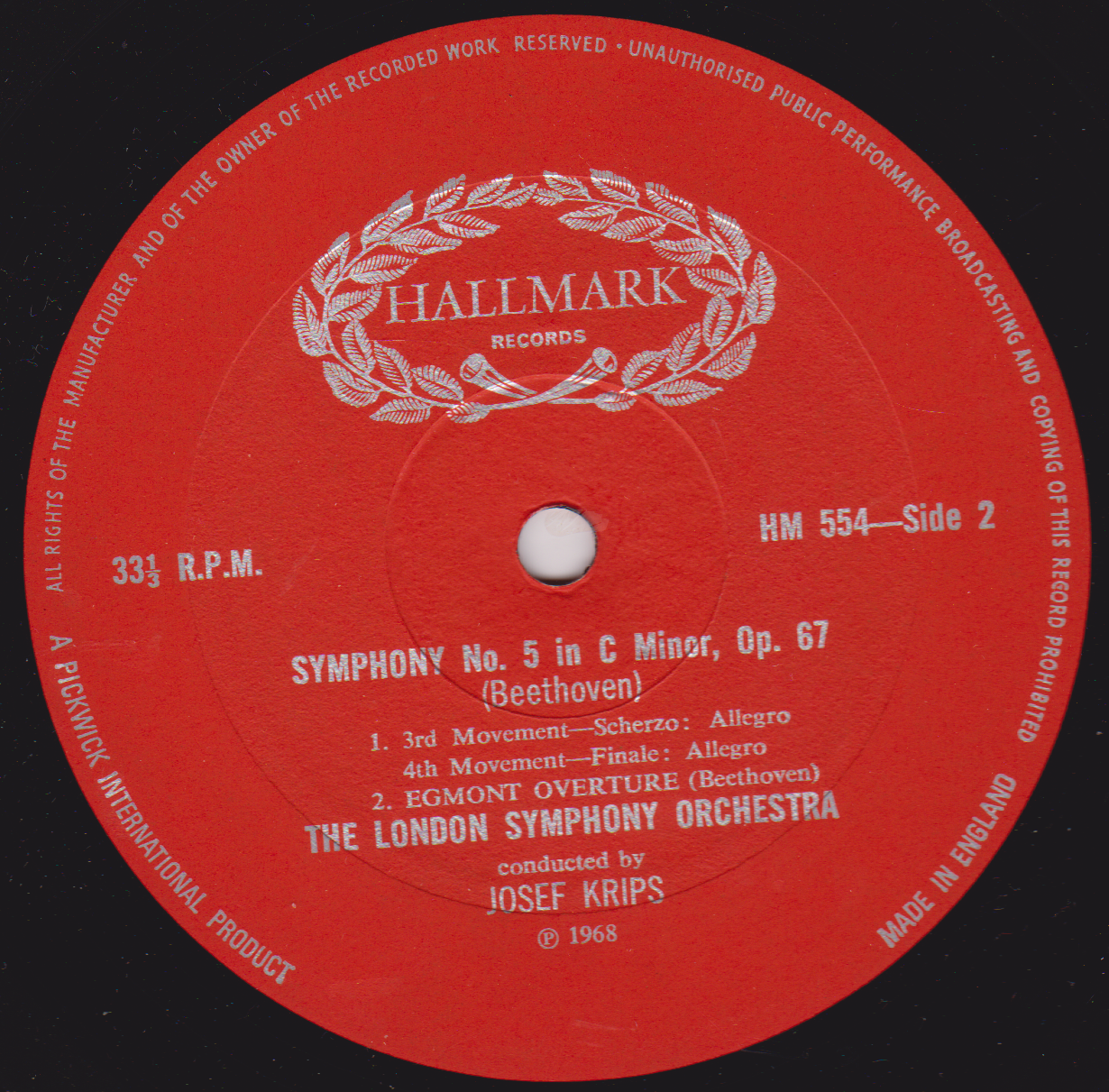 Beethoven / London Symphony Orchestra / Krips ‎– The Victory Symphony (Symphony No.5 In C Major, Op.67) 12" vinyl LP VG/VG