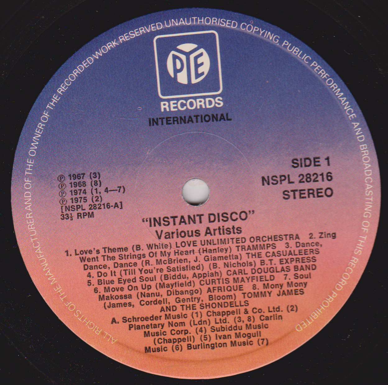 Various ‎– Instant Disco (Pye 1975) 12" vinyl LP VG/VG