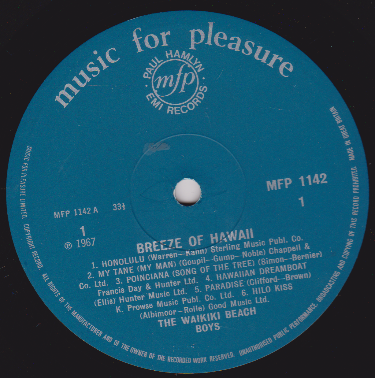 The Waikiki Beach Boys – Breeze Of Hawaii (EMI 1967) 12" vinyl LP VG/VG mono
