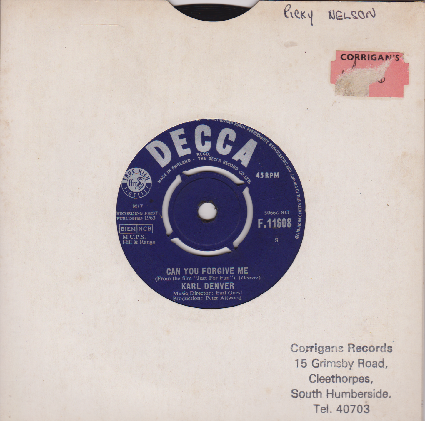 Karl Denver – Can You Forgive Me (Decca 1963) 7" vinyl single VG/-