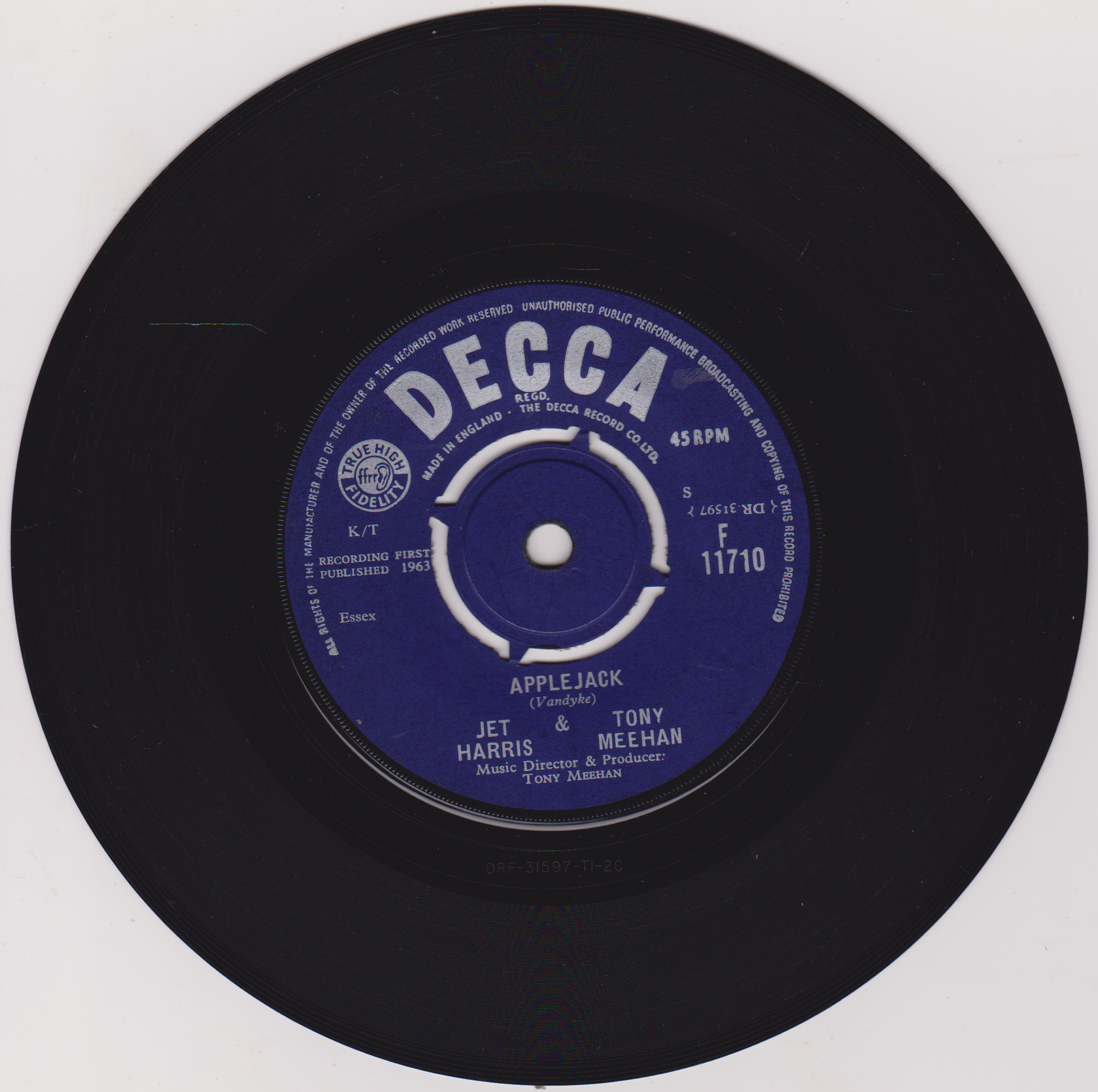 Black vinyl record with a blue label featuring the Decca Records logo on a white background