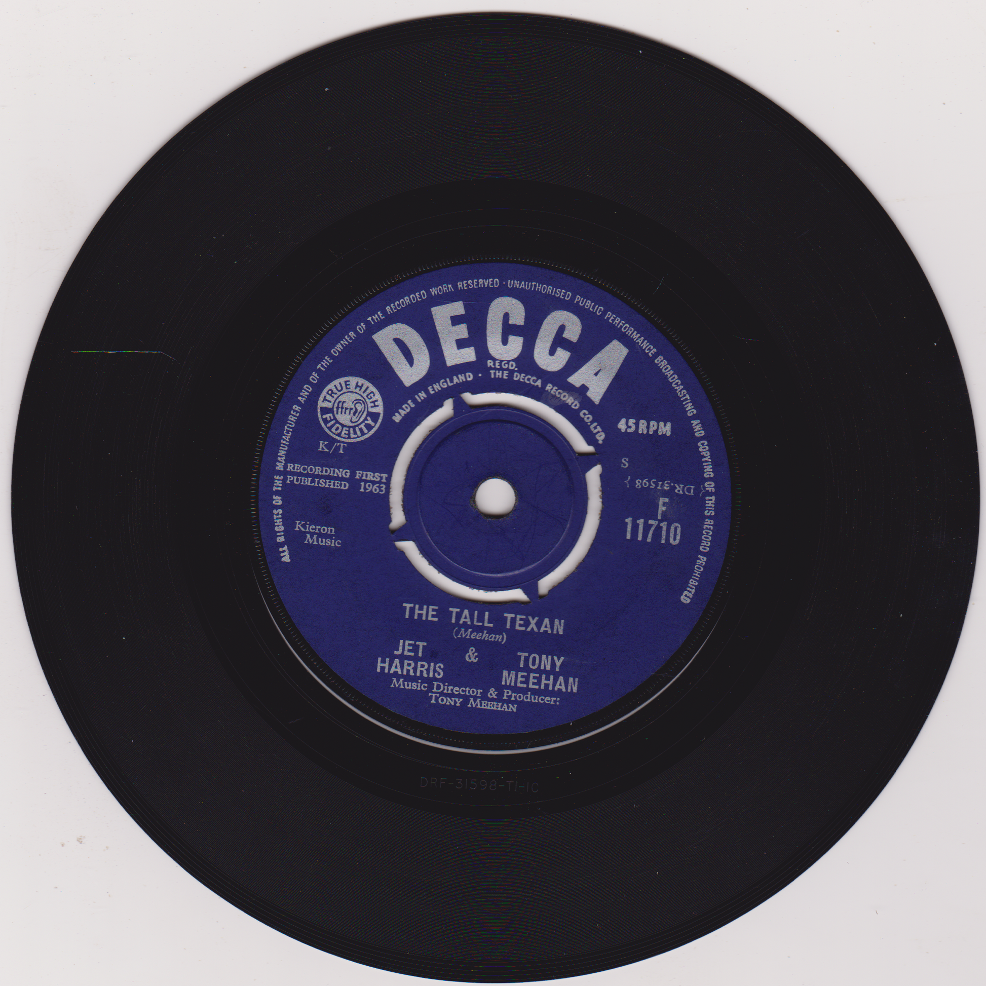 Decca record label on a black vinyl record with white text