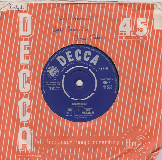 Decca 45 RPM record label on a red background with handwritten text.