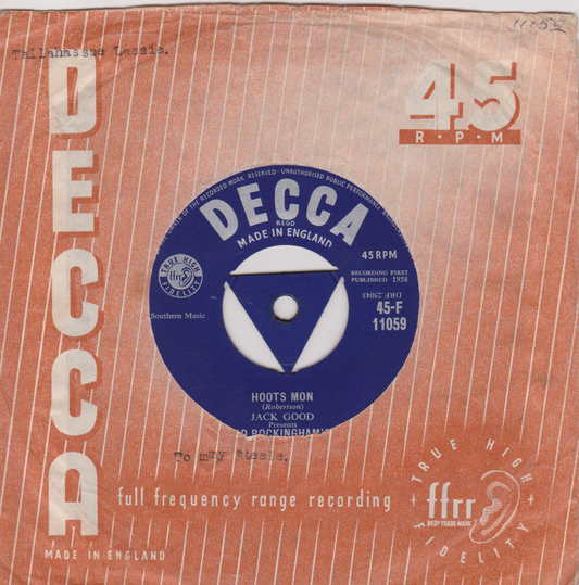 Decca record label on a vintage-style packaging with text and design elements.