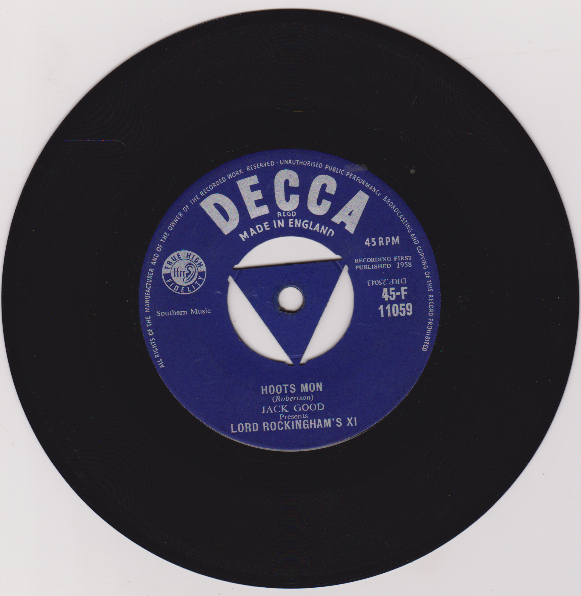 Black vinyl record with a blue Decca label on a white background