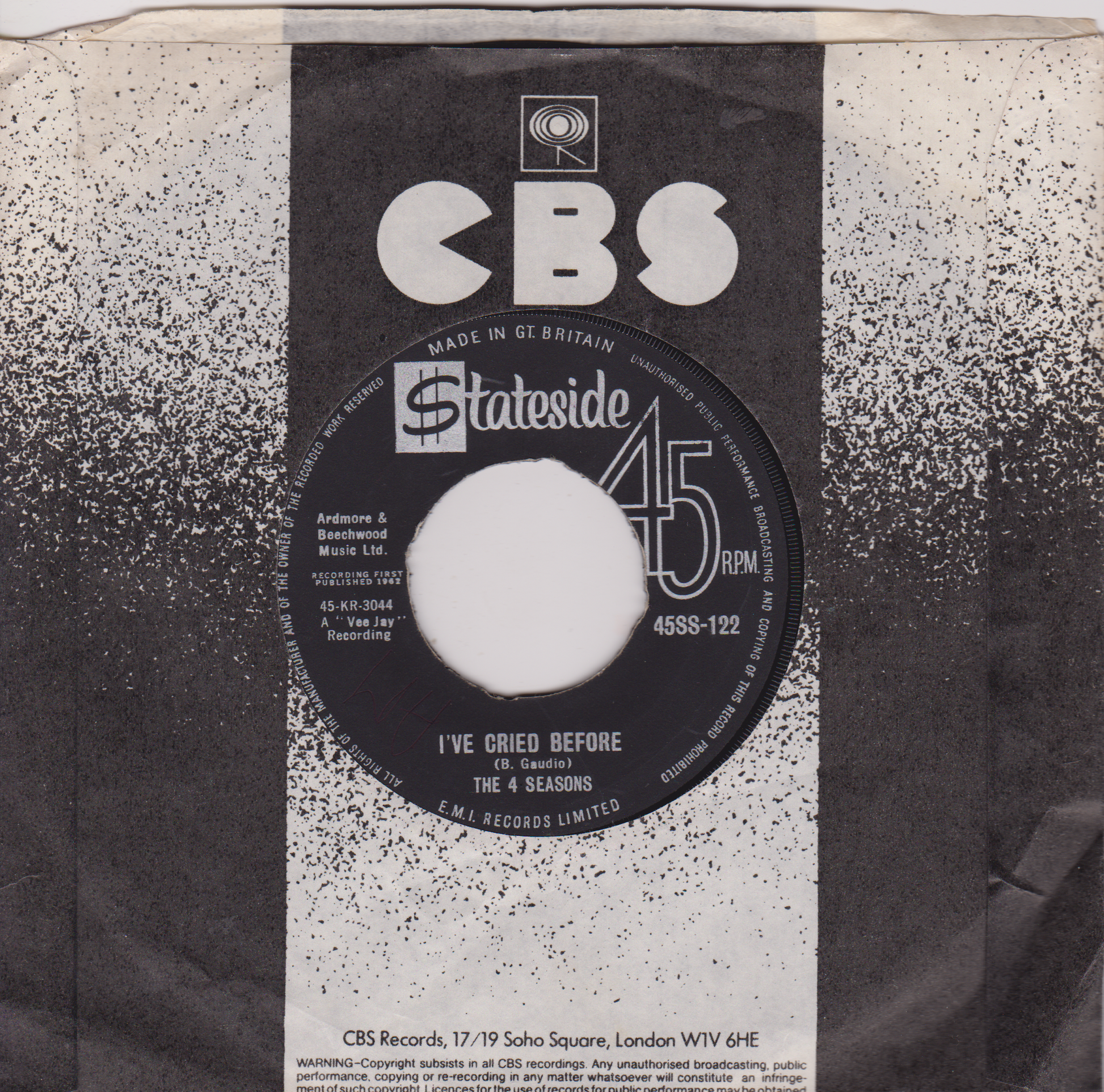 Vintage 45 RPM record label with speckled black and white background