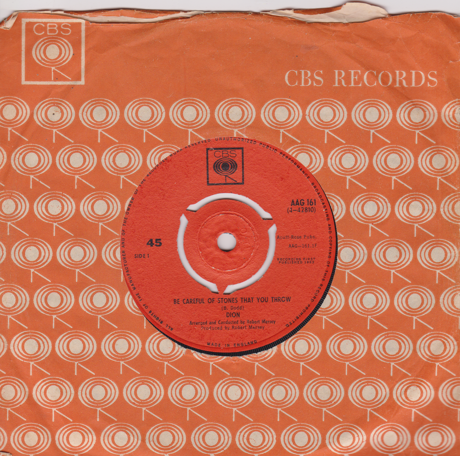 Vintage CBS Records 45 RPM record cover with a red label