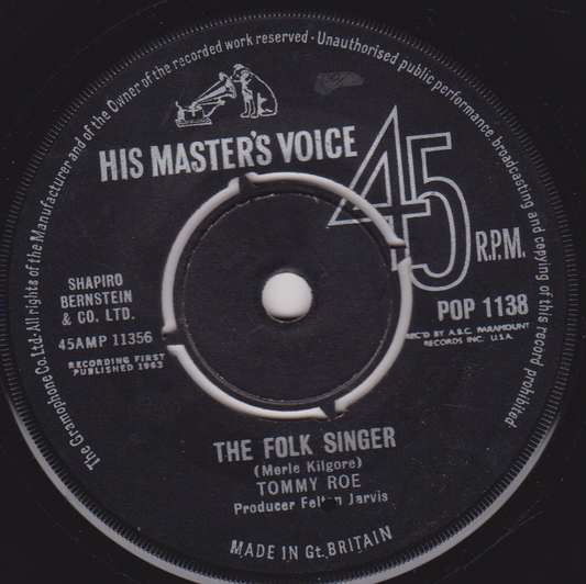 Tommy Roe – The Folk Singer (HMV 1963) 7" vinyl single VG/-