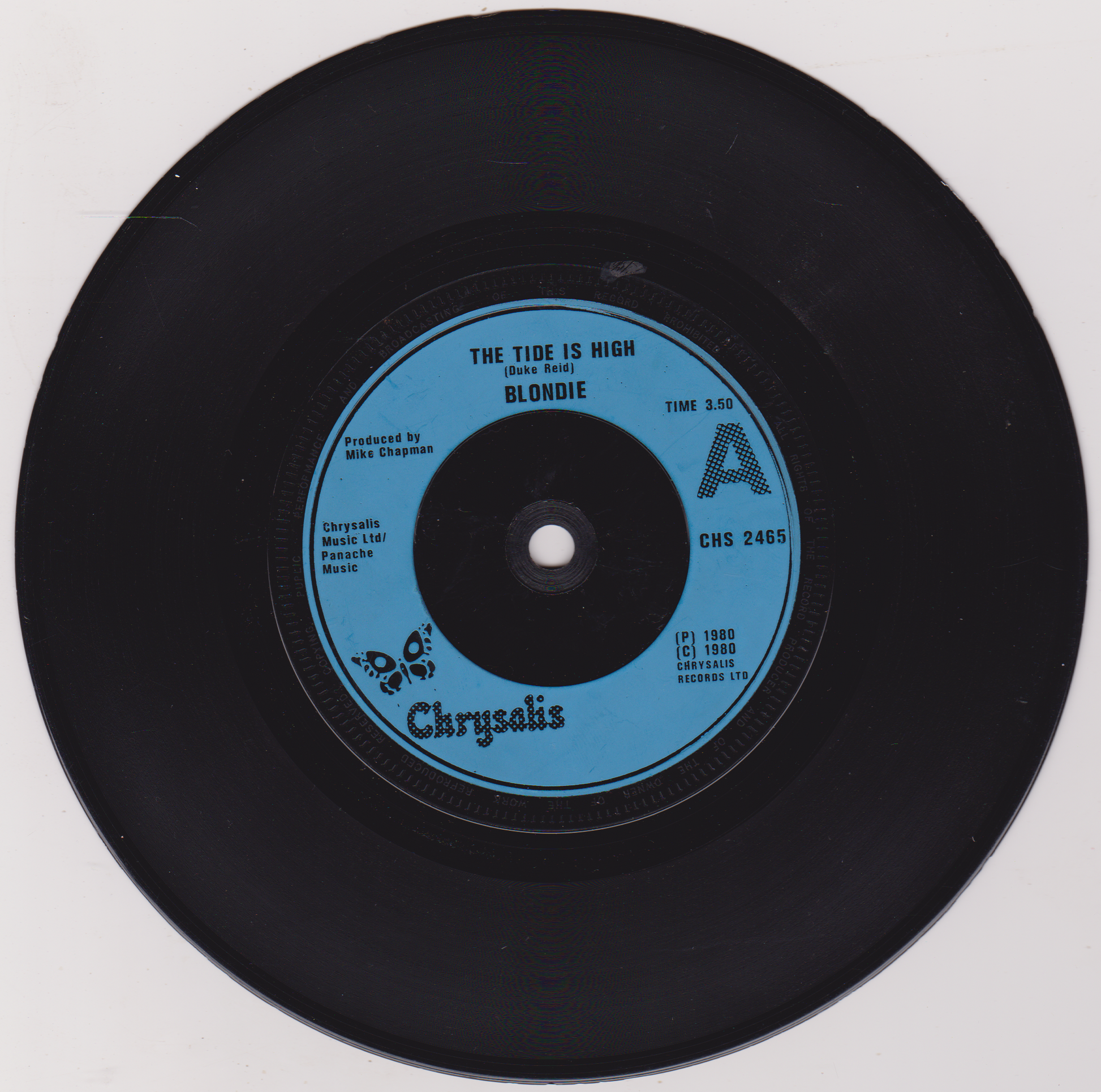 Black vinyl record with a blue label featuring 'Blondie' on a white background