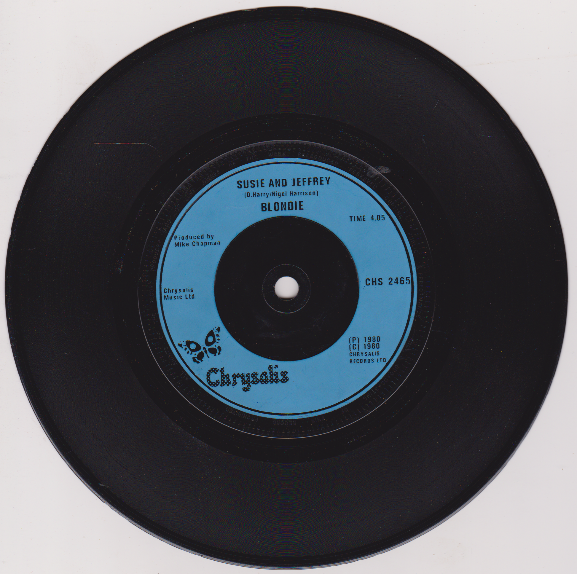Black vinyl record with a blue label featuring 'Blondie' on a white background