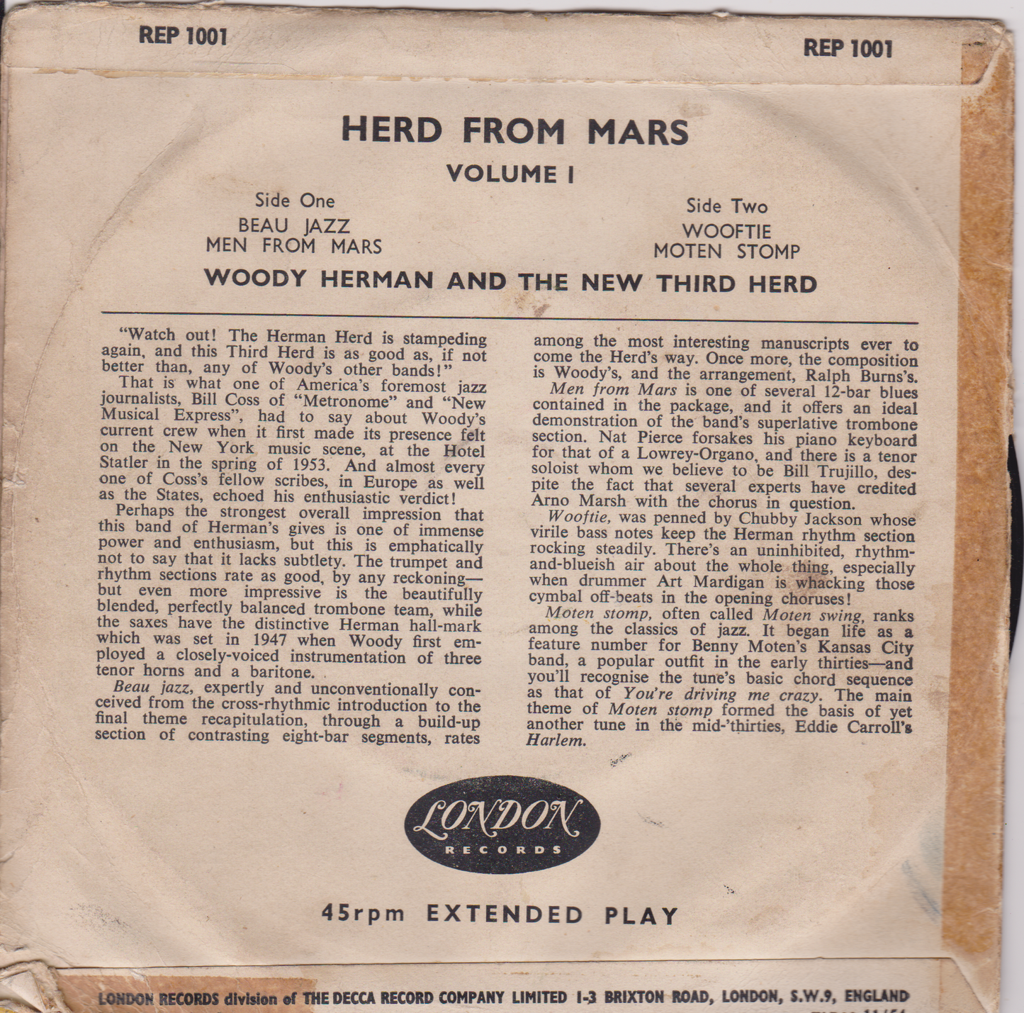 Woody Herman And The New Third Herd ‎– Herd From Mars Volume 1 (London 1955) 7" vinyl P/S EP VG/G