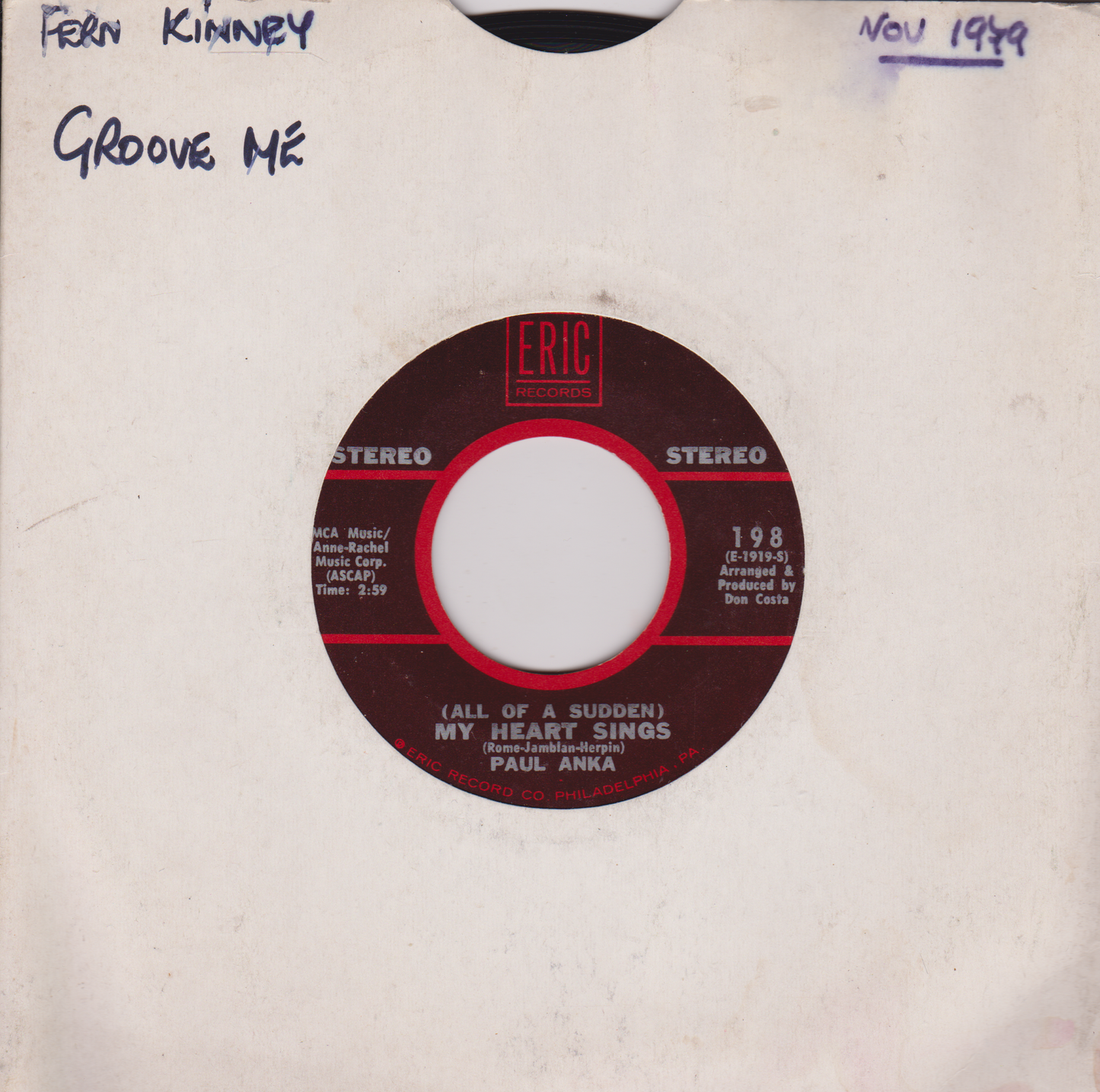 Paul Anka ‎– (All Of A Sudden) My Heart Sings (Eric) 7" vinyl US single VG/- jukebox