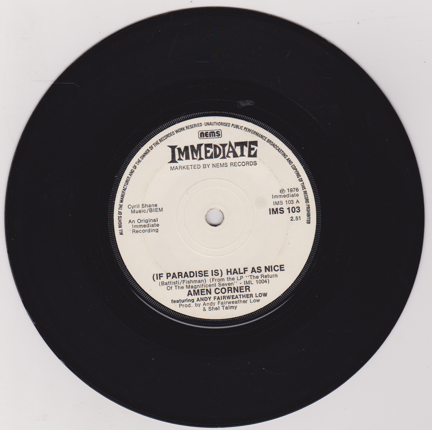 Amen Corner Featuring Andy Fairweather Low ‎– (If Paradise Is) Half As Nice (Immediate 1976) 7" vinyl single G+/-