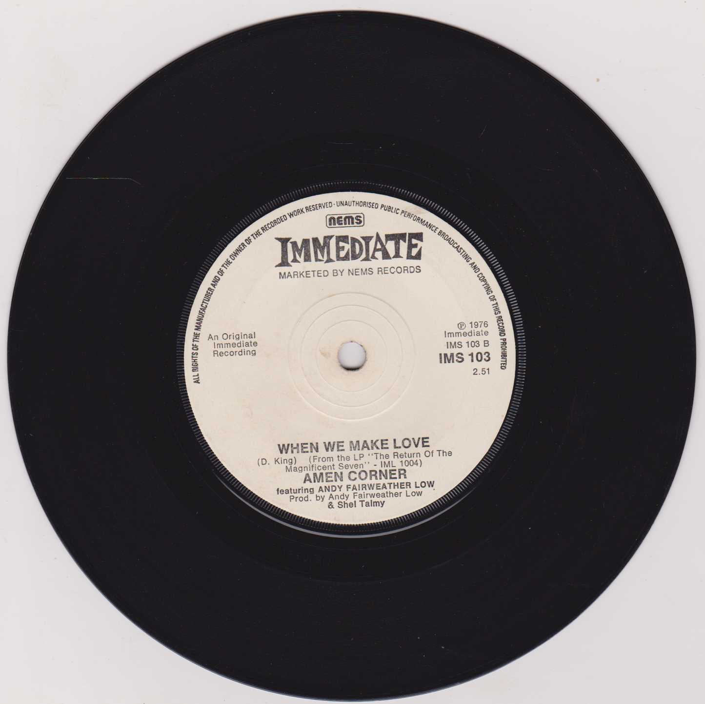 Amen Corner Featuring Andy Fairweather Low ‎– (If Paradise Is) Half As Nice (Immediate 1976) 7" vinyl single G+/-