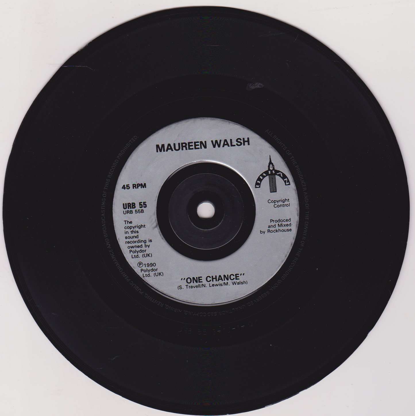 Black vinyl record with a label featuring 'Maureen Walsh' and song details on a white background