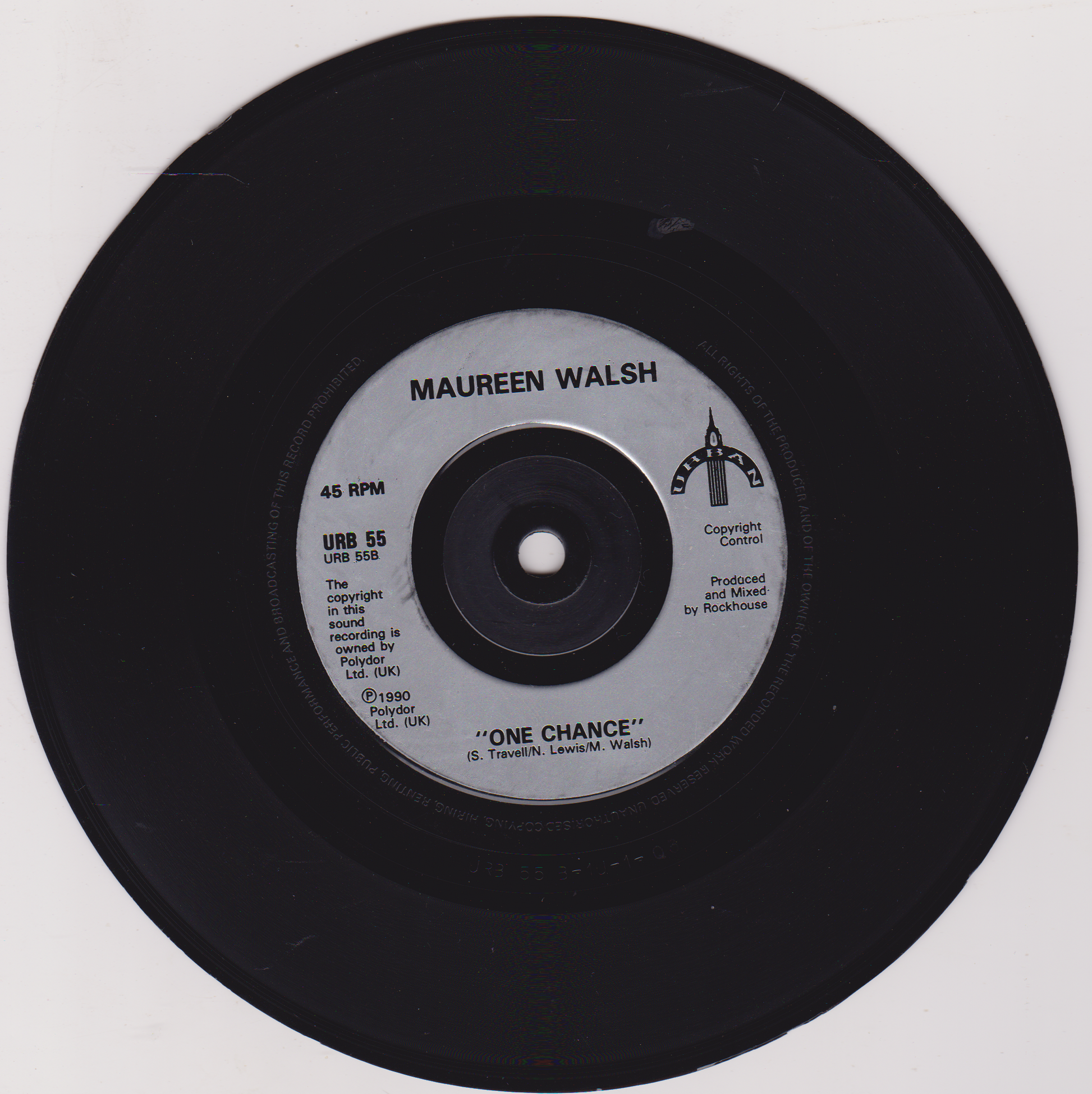 Black vinyl record with a label featuring 'Maureen Walsh' and song details on a white background