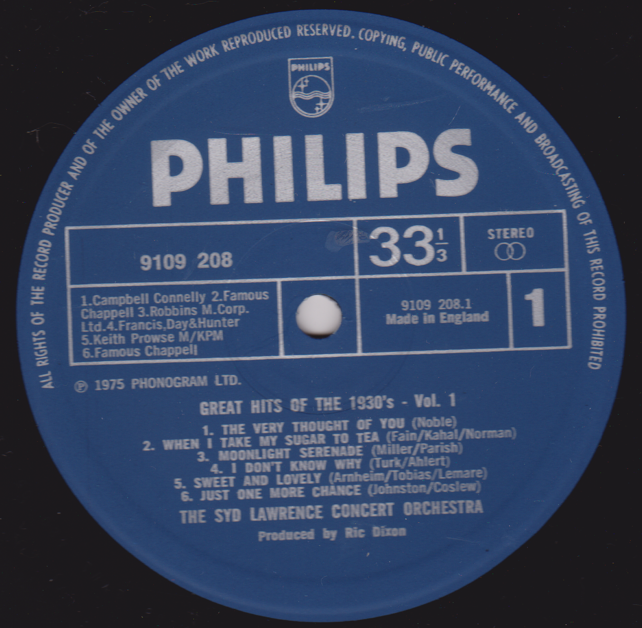 The Syd Lawrence Concert Orchestra – Great Hits Of The 1930's (1975) 12" vinyl LP VG/VG