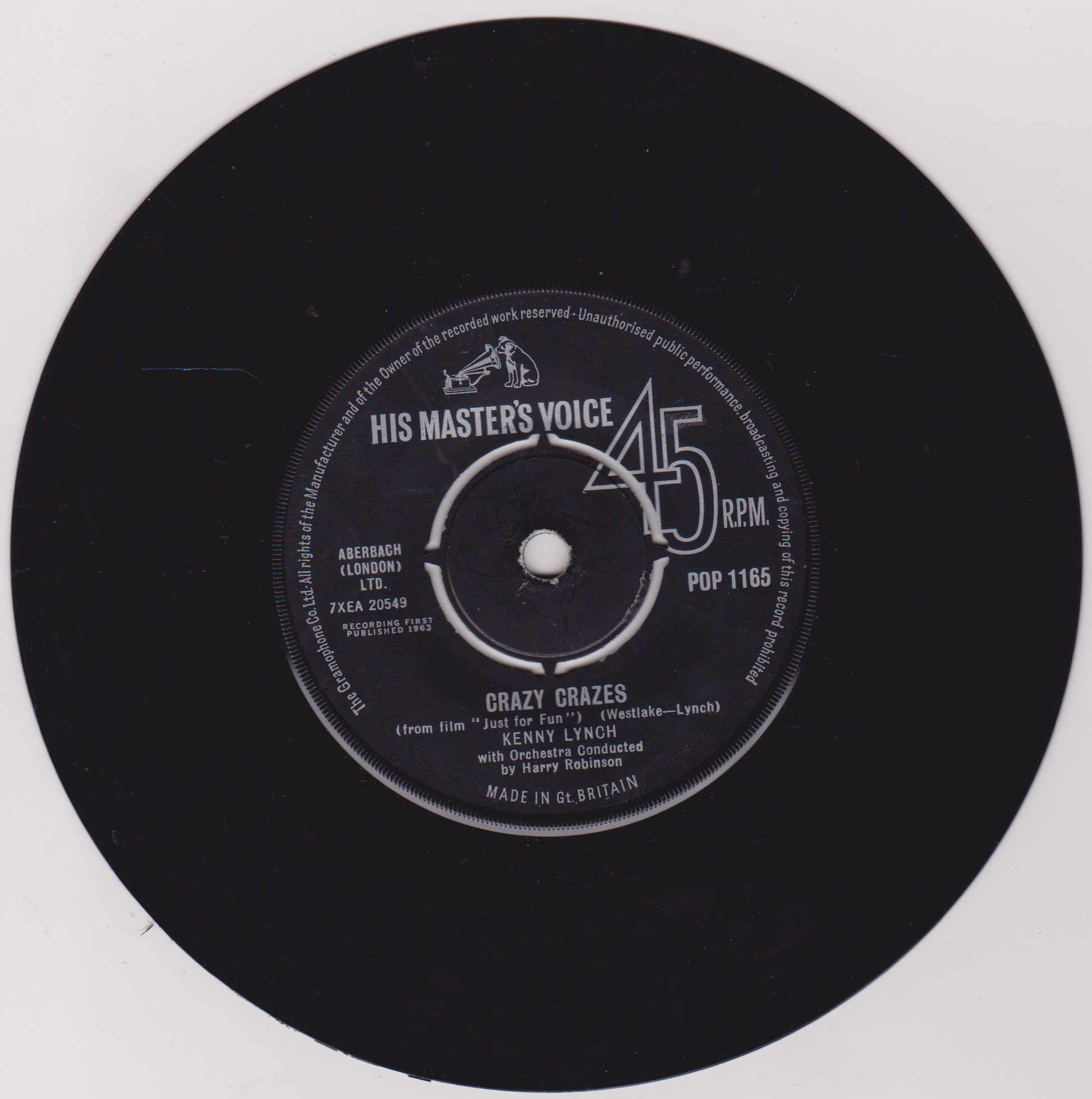 Black vinyl record label with 'His Master's Voice' branding and text.