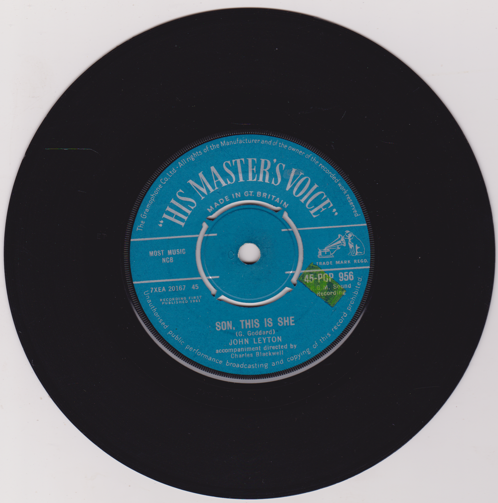 Vinyl record with blue label featuring 'His Master's Voice' logo on a white background