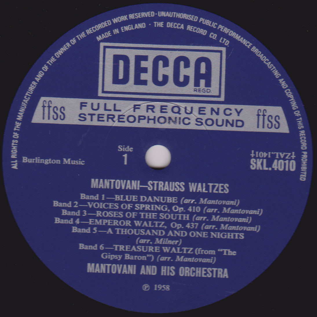 Decca label for Mantovani and his orchestra record with text and music names.