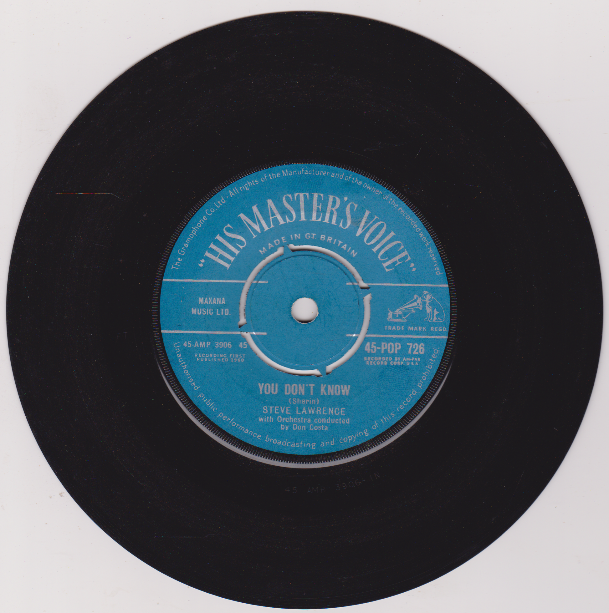 Vinyl record with blue label on a white background