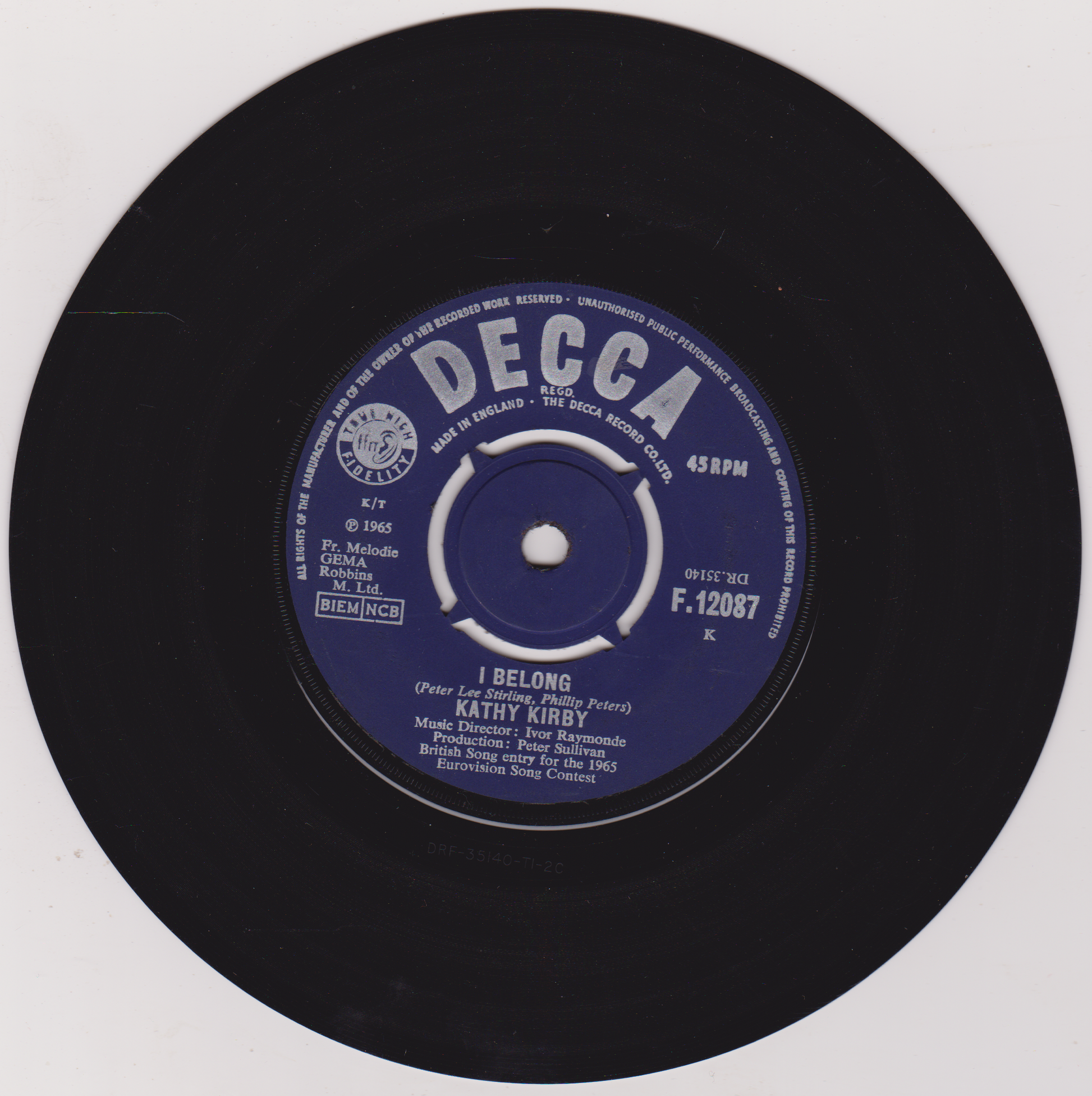 Decca label on a vinyl record with text and music publishing information.