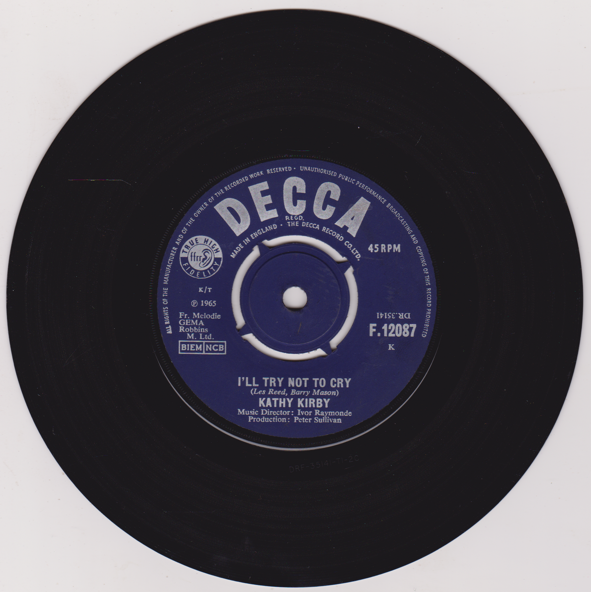 Black vinyl record with a blue label featuring 'Decca' branding on a white background