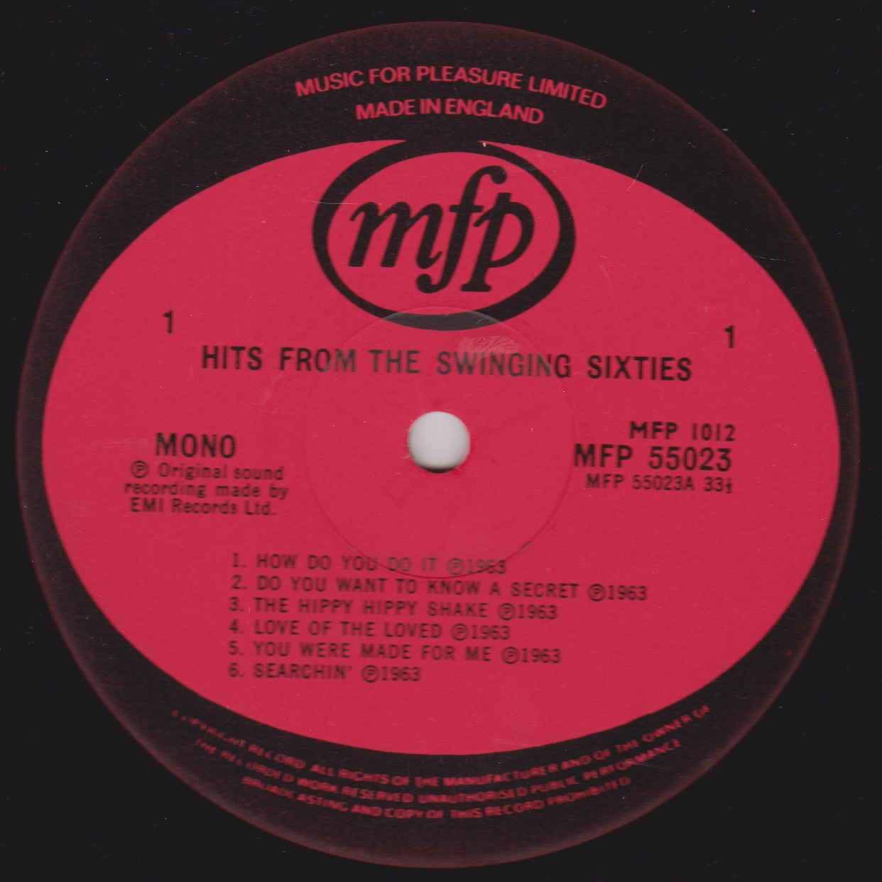 Record label with 'mfp' branding and tracklist on a pink background