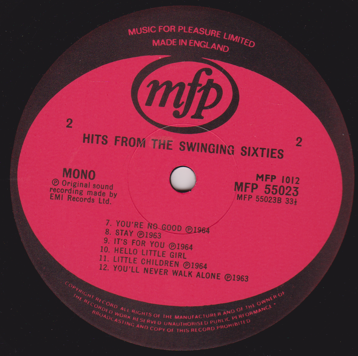 Vinyl record label with 'mfp' logo and text on a black background