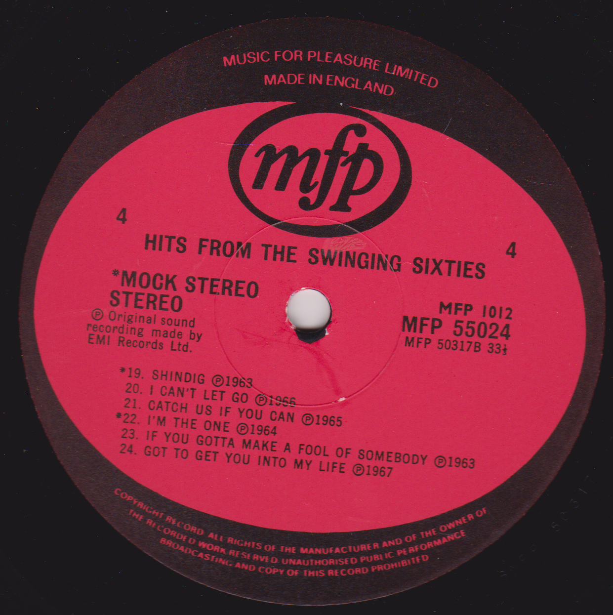 Record label with 'mfp' logo and text on a black background