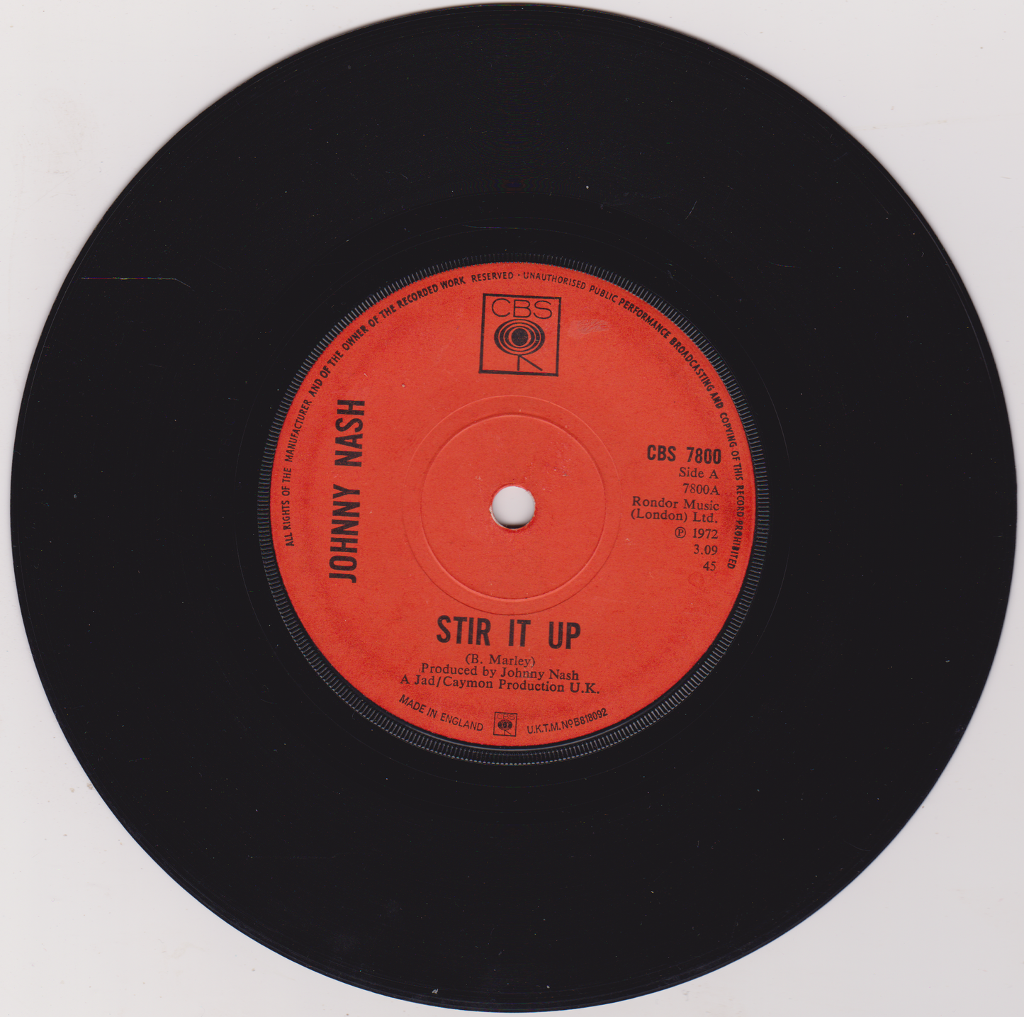 Johnny Nash ‎– Stir It Up (CBS 1972) 7" vinyl single G+/-