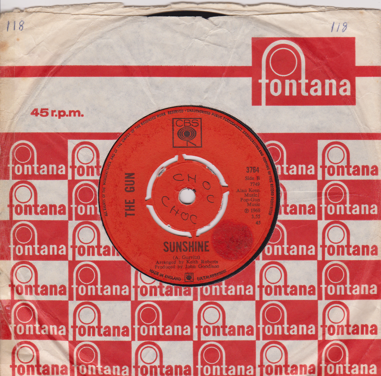 The Gun ‎– Race With The Devil (CBS 1968) 7" vinyl single G+/-