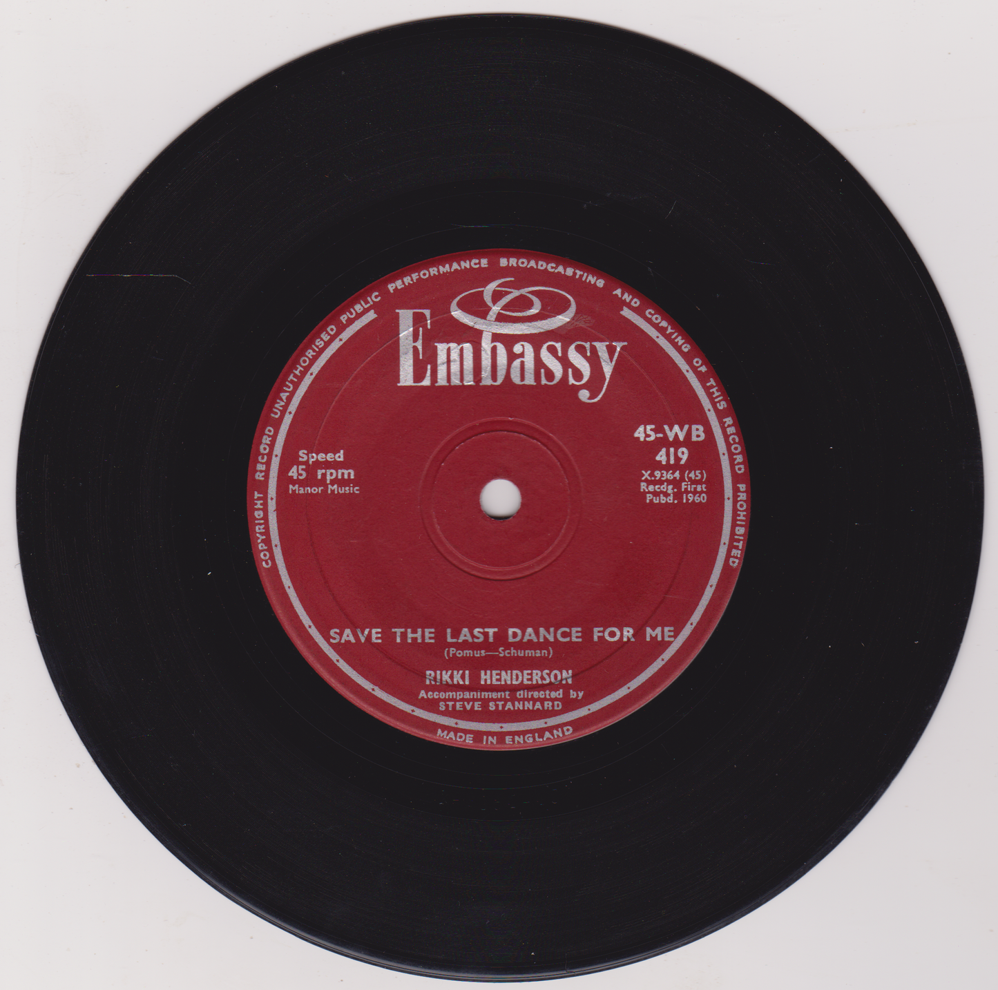 Rikki Henderson ‎– Save The Last Dance For Me (Embassy 1960) 7" vinyl single VG/G+