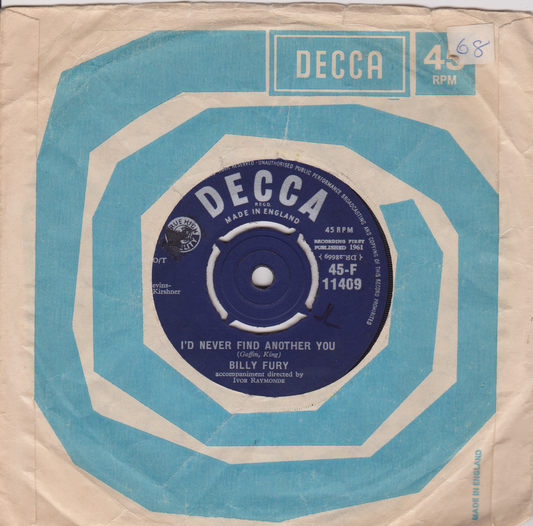 Billy Fury ‎– I'd Never Find Another You (Decca 1961) 7" vinyl single VG/-