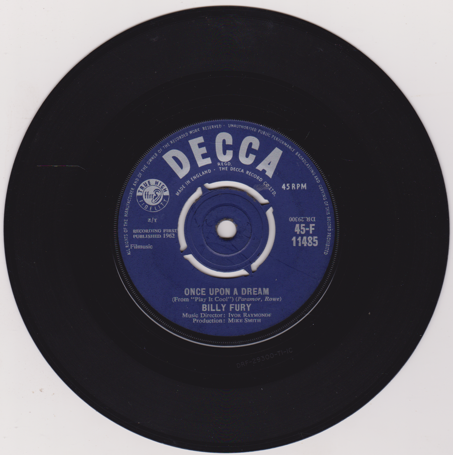 Black vinyl record with a blue Decca label on a white background