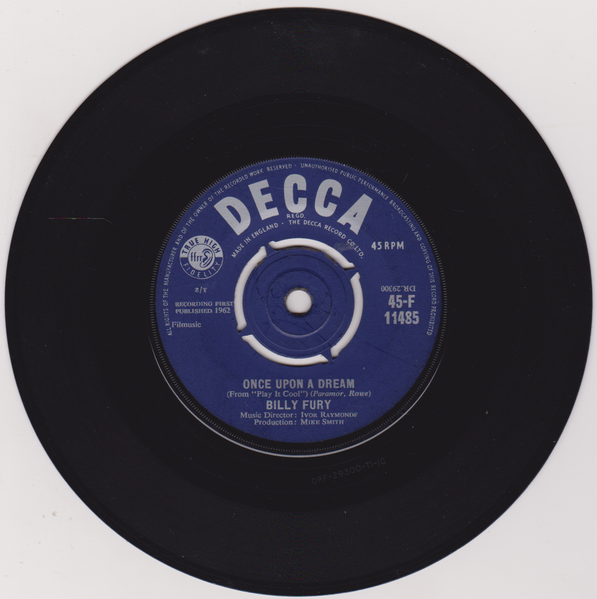 Black vinyl record with a blue Decca label on a white background