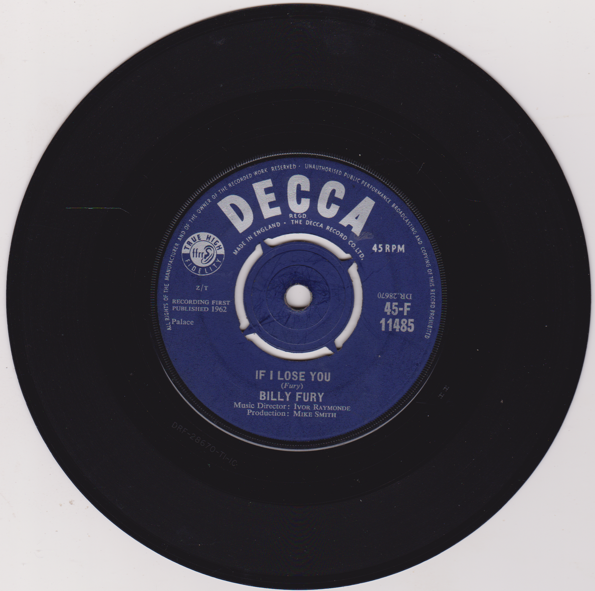 Black vinyl record with blue Decca label on a white background