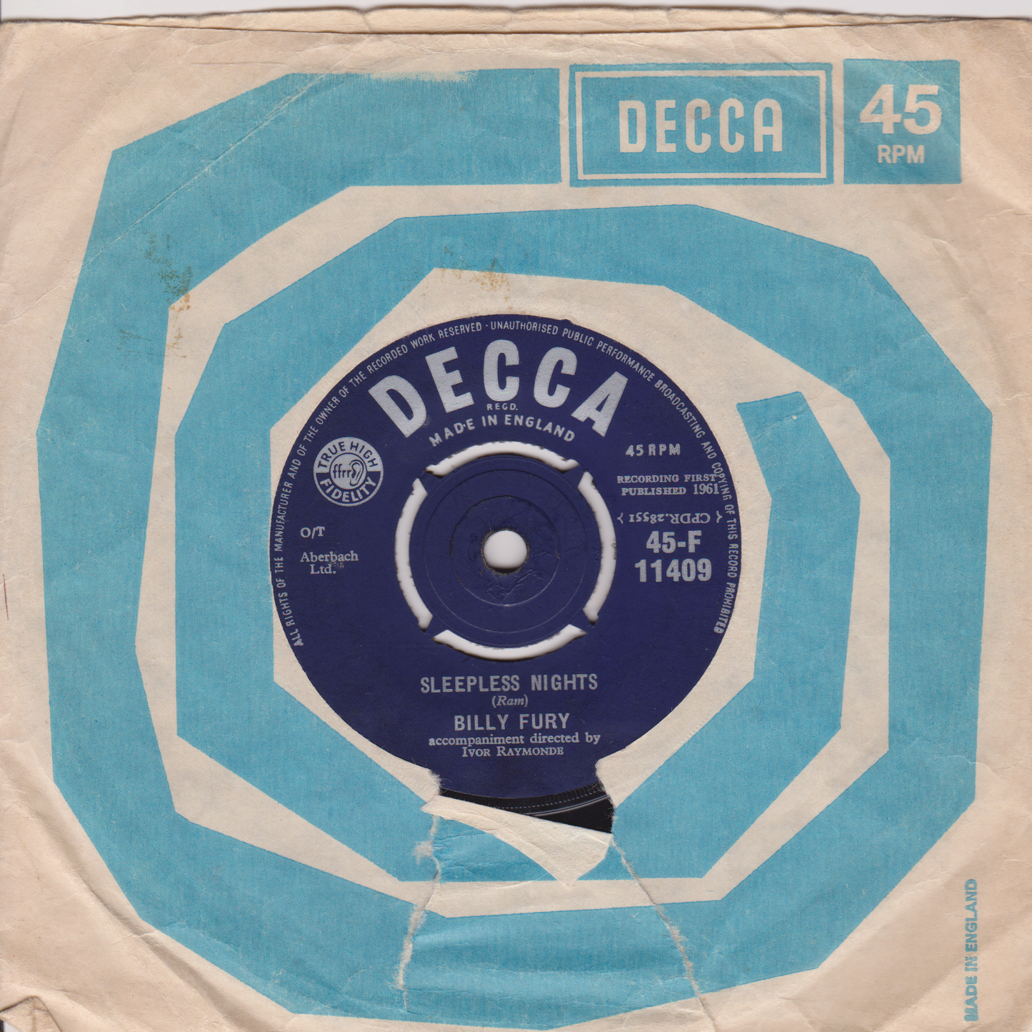 Billy Fury ‎– I'd Never Find Another You (Decca 1961) 7" vinyl single VG/-