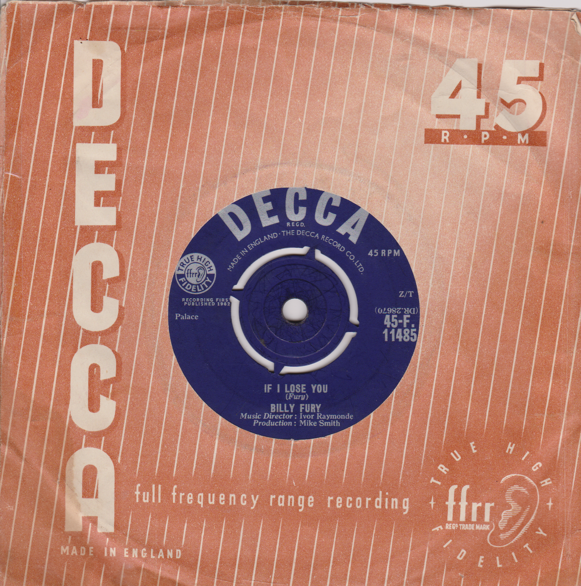 Vintage Decca record sleeve with a blue label on a textured brown background
