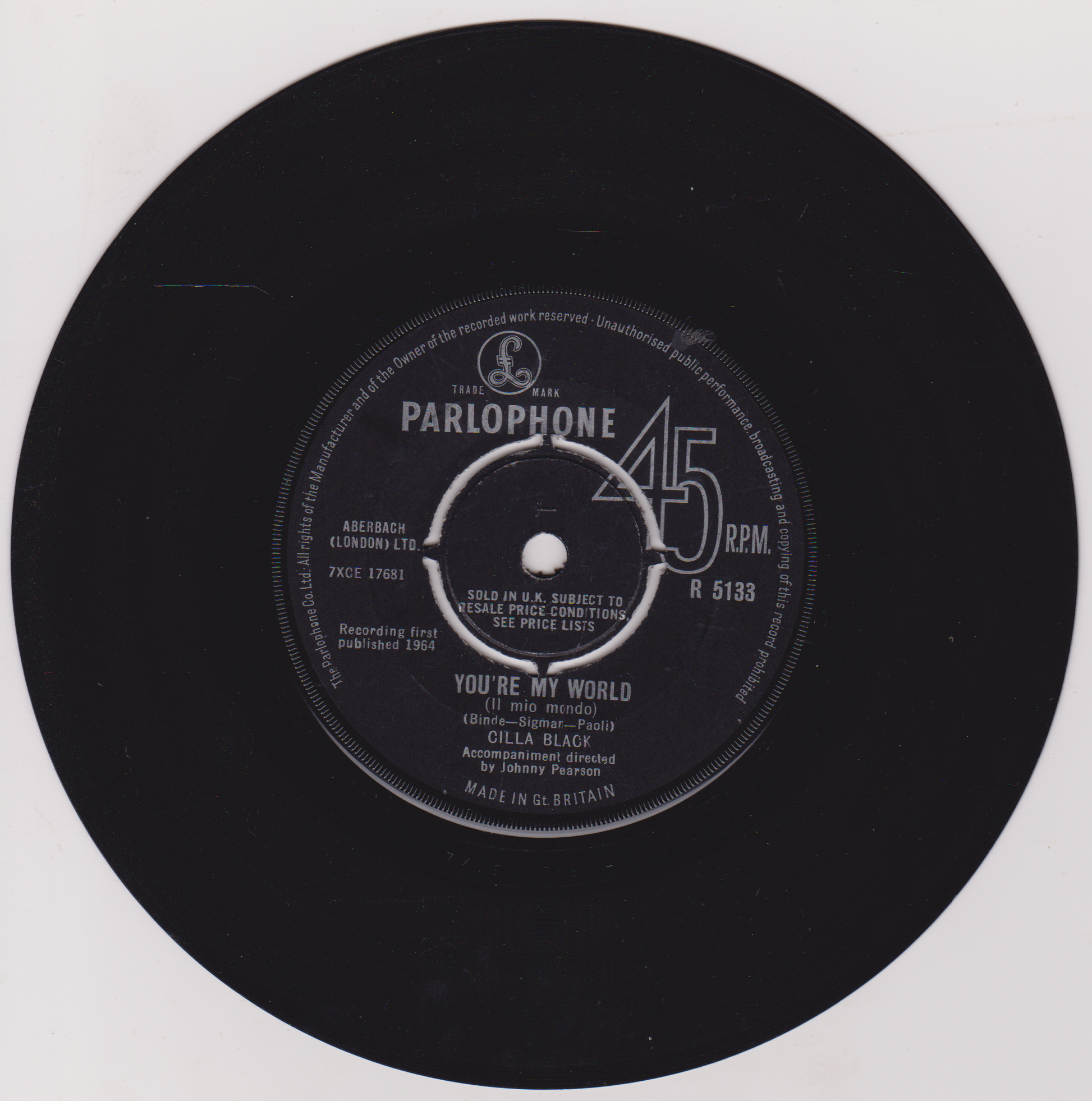 Black vinyl record with Parlophone label on a white background