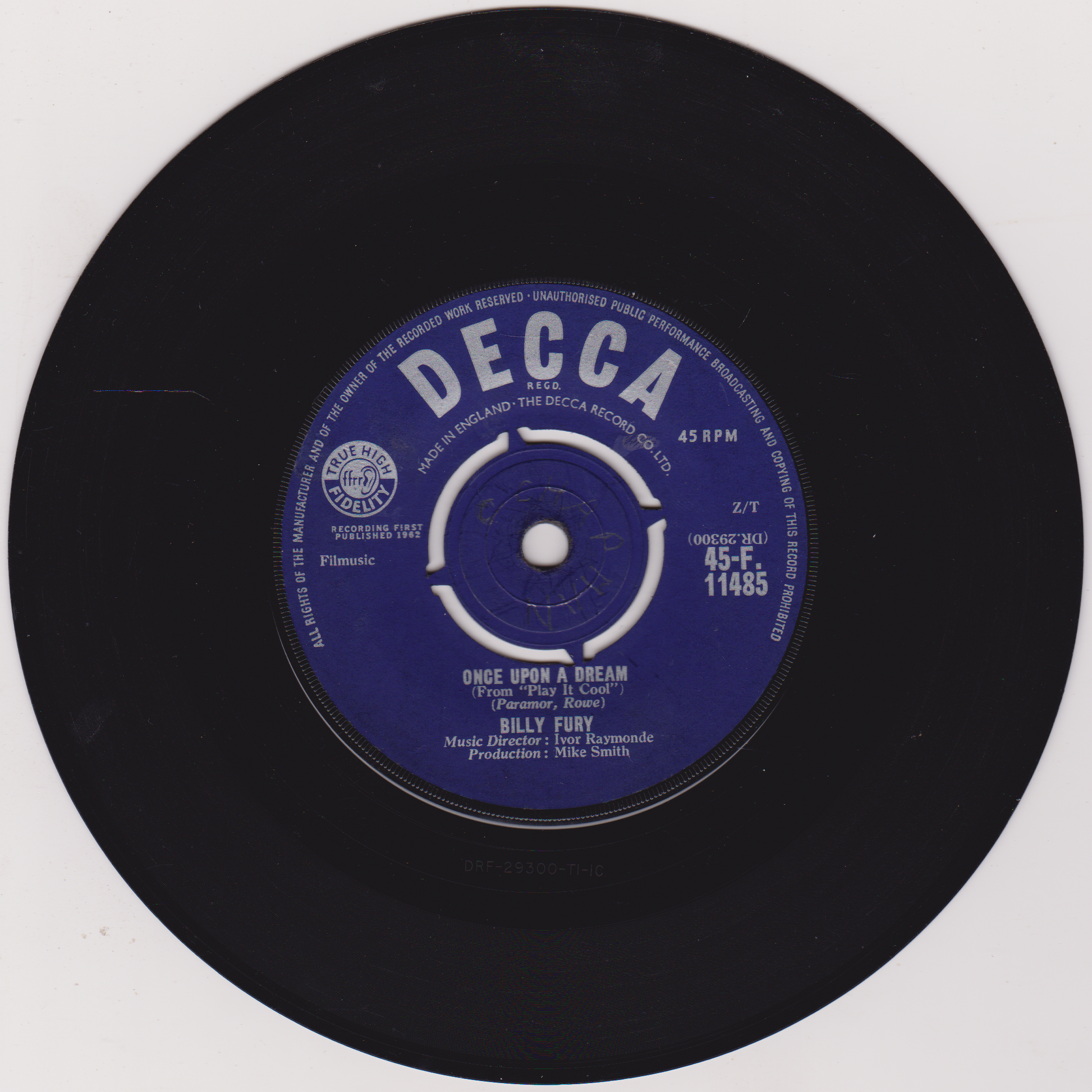 Black vinyl record with a blue label featuring the Decca logo on a white background