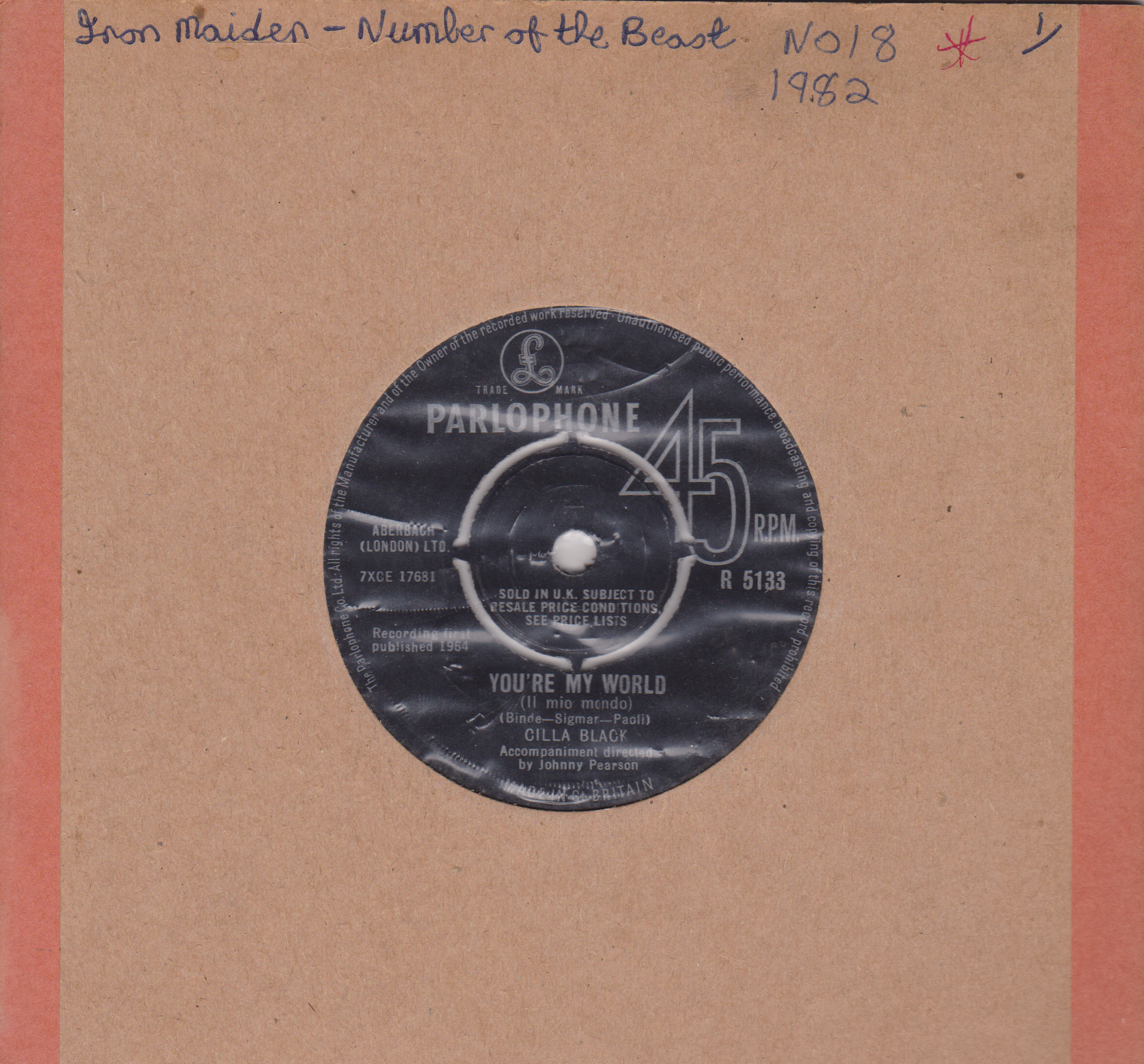Record label from a Parlophone 45 RPM record on a brown background