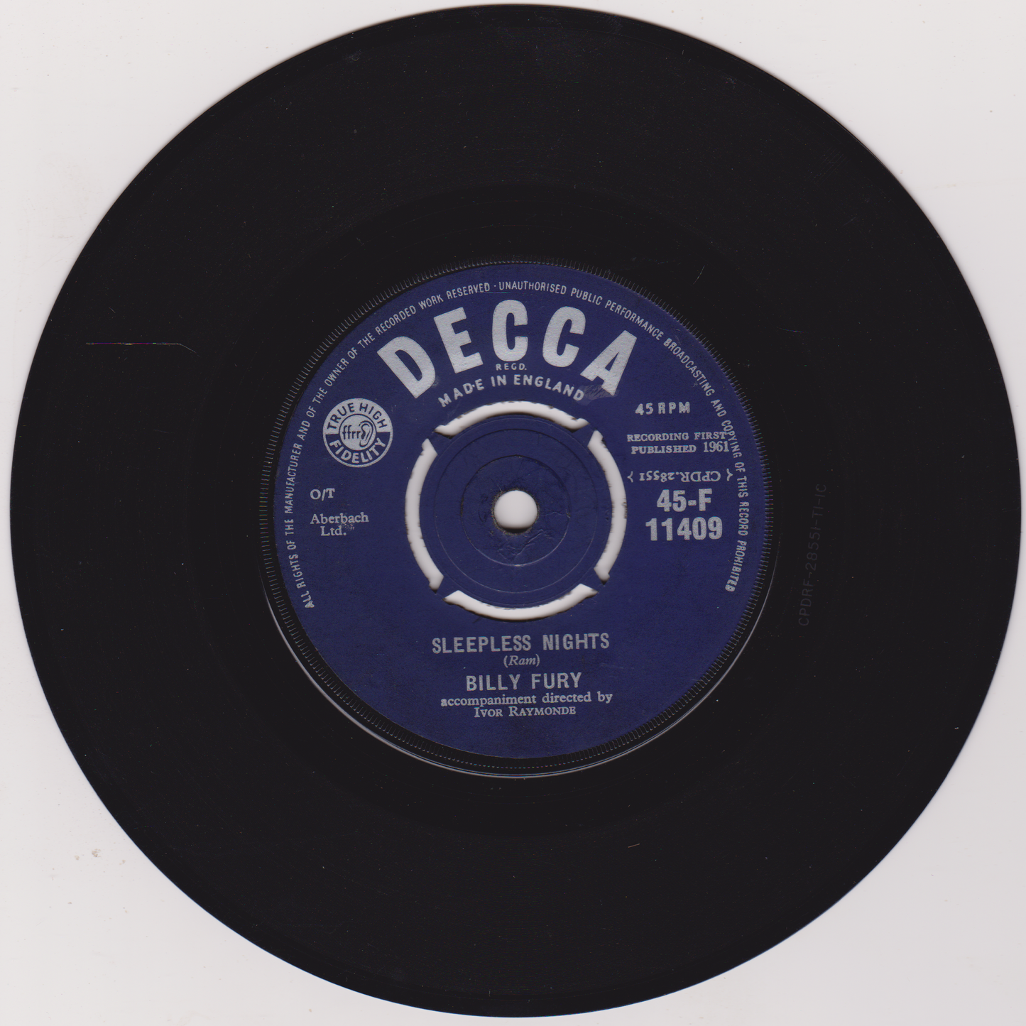 Billy Fury ‎– I'd Never Find Another You (Decca 1961) 7" vinyl single VG/-
