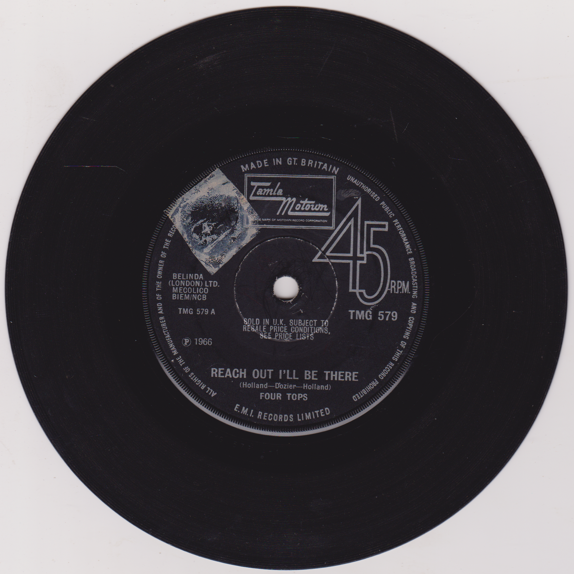 45 RPM record label with text and branding on a white background